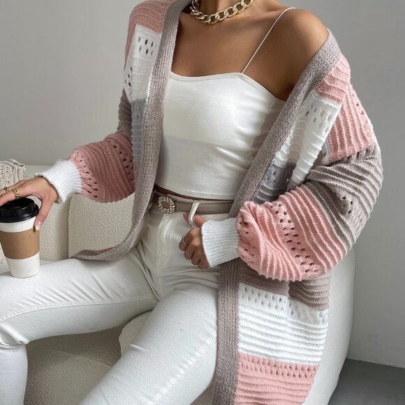 Multicolor Casual Womens Color Block Drop Shoulder Open Front Cardigan - Picture 4 of 5